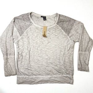 DKNY Heather Gray Lace Shoulder Long Sleeve Top Size Large NWT